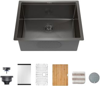 24-Inch Gloss Black Workstation Undermount Single Bowl Kitchen Sink;  16 Gauge Stainless Steel with Ceramic Coating and NanoTek Sink with Bamboo Cutti