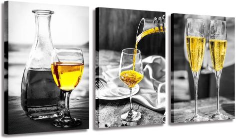 Kitchen Wall Art Gold Wine Glasses Canvas Prints Black and White Wall Art Wine Cups Modern Artwork for Dining Room Pubs Bar Home Decor