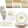 112PCS Bronzing Gold Happy Birthday Paper Plates Party Supplies Pack Disposable Tableware Set for Kids Serves 16 Guests Include Plates; Cups; Napkins;