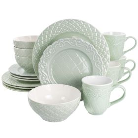 Gibson Home Quilted Eyelet 16 Piece Round Fine Ceramic Dinnerware Set in Light Green