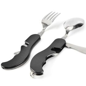 4 In 1 Outdoor Tableware Set Camping Cooking Supplies Stainless Steel Spoon Portable Fork Knife Multifunction Folding Portable Pocket Kits Bottle Open (Color: black)