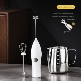 Milk frother; milk frother lid; hand held coffee frother; small mini blender (colour: White premium model (milk foam machine+304 pattern cylinder))