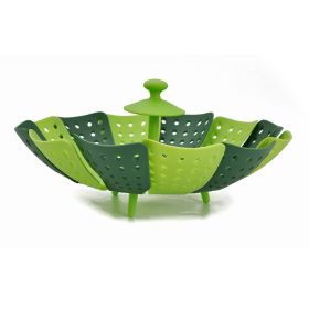 Folding Lotus Steamer Retractable Plastic Food Steaming Basket Fruit Vegetable Vapor Cooker Dish Steamer Drain Rack Cooking Tool (Color: green)