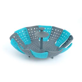 Folding Lotus Steamer Retractable Plastic Food Steaming Basket Fruit Vegetable Vapor Cooker Dish Steamer Drain Rack Cooking Tool (Color: Blue)