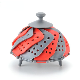 Folding Lotus Steamer Retractable Plastic Food Steaming Basket Fruit Vegetable Vapor Cooker Dish Steamer Drain Rack Cooking Tool (Color: Red)