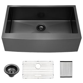 Lordear Stainless Steel Framhouse Kitchen Sink Gunmetal Matte Black Farm Sink (Color: black, size: 33"*21"*10")