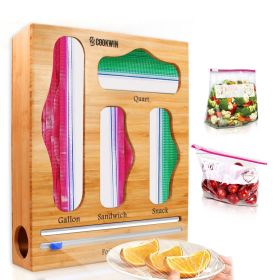 Ziplock Bag Organizer for Drawer; Bamboo Baggie Organizer; Plastic Wrap Dispenser ; Storage Bag Organizer Suitable Gallon; Quart; Sandwich&Snack Bag; (model: 4 slot with cutter)