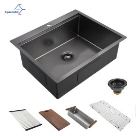 Aqucubic Gunmetal black handmade 16 Gauge 304 Stainless Steel Top Mount Single Bowl Kitchen Sink with ledge (Thickness: 16 Gauge, size: 27*22 inch)