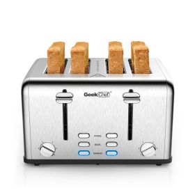 (Don't sell on Amazon) Toaster 4 slices, geek chef stainless steel extra-wide slot toaster, dual control panel with bagel/defrost/cancel function, 6 s (Color: Sliver)