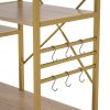 Kitchen Shelf Microwave Oven Rack Board with 6 Hooks and 4 Removable Stop Wheels, Suitable for Kitchen/Home Office/Bathroom (Brown)