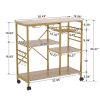 Kitchen Shelf Microwave Oven Rack Board with 6 Hooks and 4 Removable Stop Wheels, Suitable for Kitchen/Home Office/Bathroom (Brown)